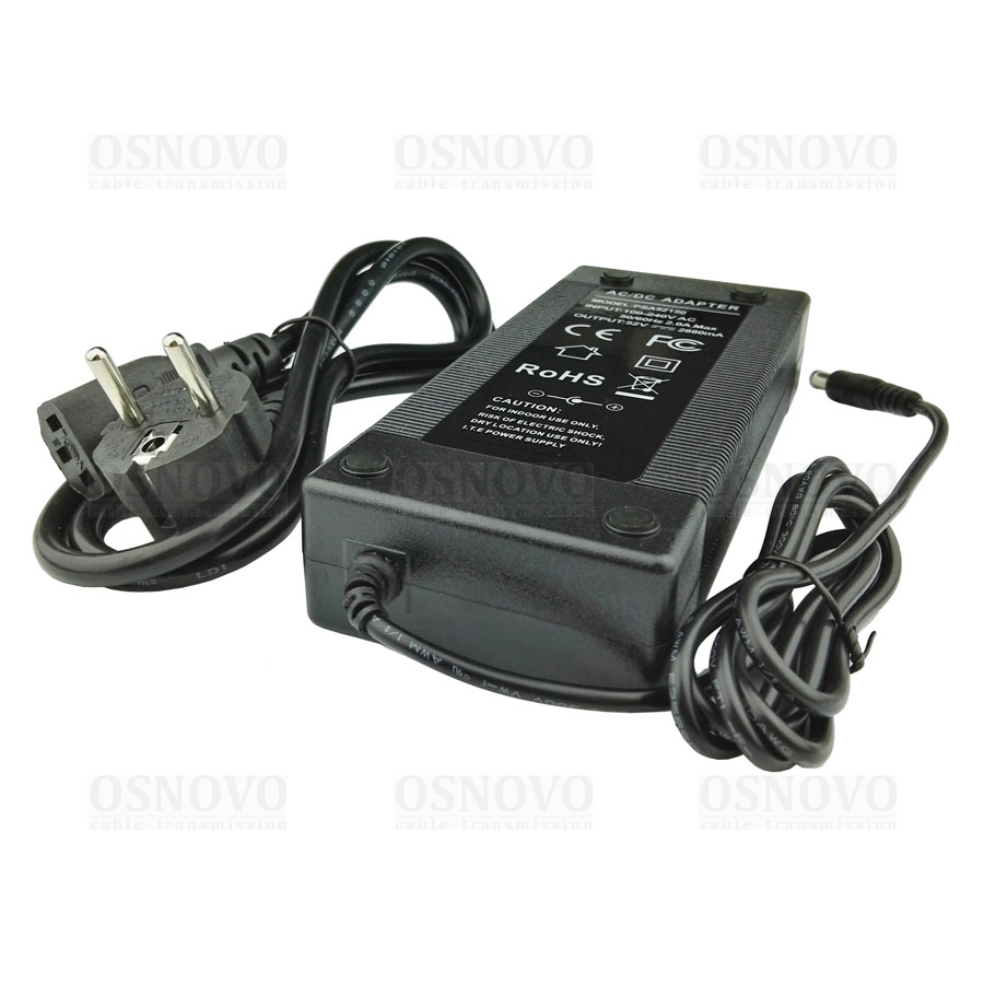 Блок питания (сетевой адаптер) DC48V, 2,5A (120Вт макс.). Диапазон входных напряжений: AC100-240V. Штекер 2.1x5.5мм. Размеры (ШхВхГ): 173x34x72мм. Рабочая температура: -10...+70гр. С.