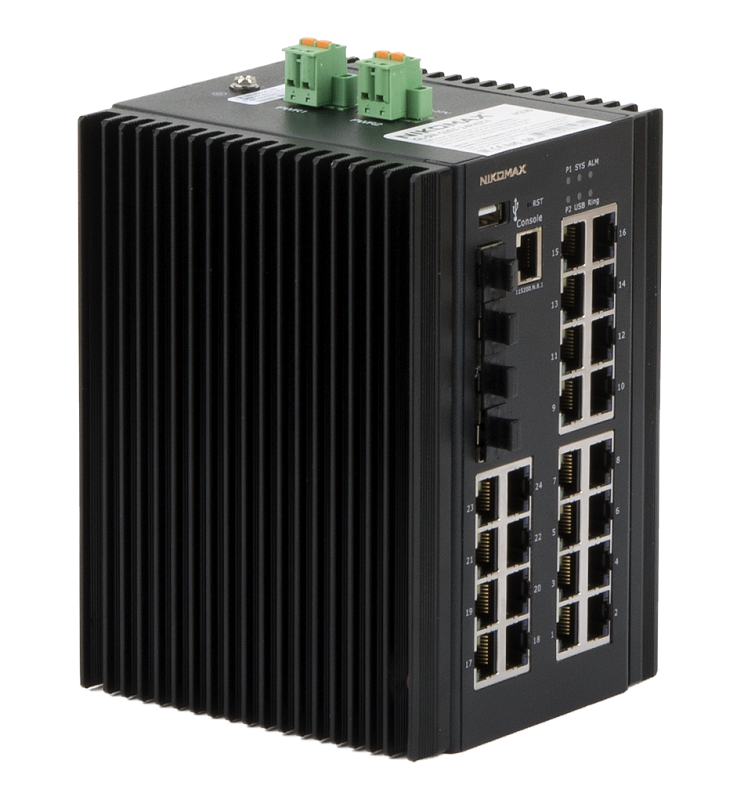 Управляемый промышленный L3 коммутатор 24*10/100/1000Мбит/с PoE (af/at/BT) из которых 4 порта PoE BT, 4*1/2.5/10Гбит/с SFP+, Крепление на DIN-рейку, 2*ввода питания, питание 44-57В (блок питания 370Вт поставляется отдельно), -40С +80С.