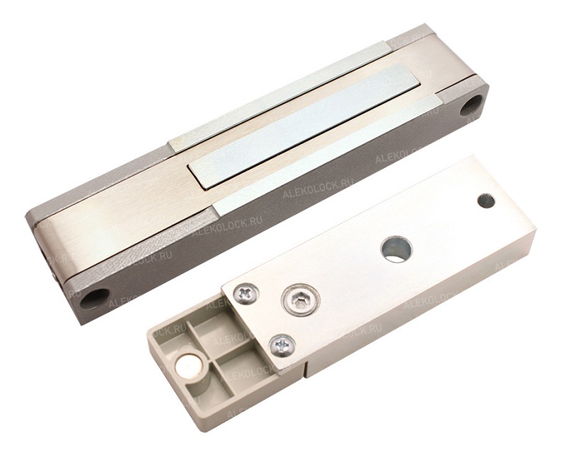 Электромагнитный замок с датчиком состояния двери (герконом), сила удержания 120-150кг, 12В/0,35А, 24В/0,17А, -20...+40 °C, IP54, корпус 151x33x19,5 мм, якорь 117х32,5х14,5 мм. Цвет: Серый