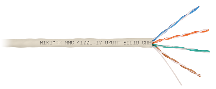 Кабель U/UTP 4 пары, Кат.5e (Класс D), тест по ISO/IEC, 100МГц, одножильный, BC (чистая медь), 24AWG (0,51мм), полимерный материал нг(А)-LSLTx, внутренний, светло-серый, 305м