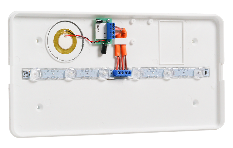 Световой указатель «Выход» со встроенной звуковой сиреной, 12В, IP52, звук 40мА, свет 30мА, звук 100дБ -30..+55°С, 300х150х34мм, 0.3кг