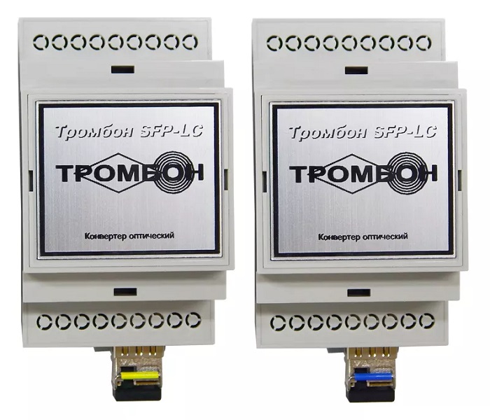 Комплект конвертеров оптических «Тромбон SFP-LC» предназначен для применения в составе систем промышленной автоматики и телеметрии для двунаправленной передачи сигналов четырёхпроводного интерфейса RS485 (RS422) по одному оптическому одномодовому вовлокну на расстояния 20 км.