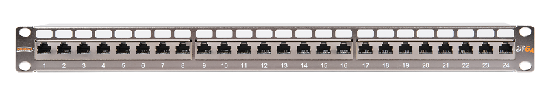 Коммутационная панель 19", 1U, 24 порта, Кат.6a (Класс Ea), 500МГц, RJ45/8P8C, 110/KRONE, T568B, полный экран, с органайзером, металлик