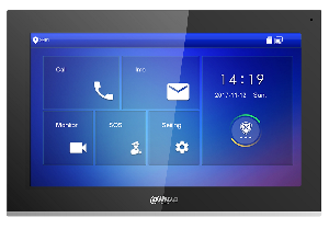 Монитор видеодомофона IP 10 дюймовый, черный, 1024x600, ёмкостной сенсорный экран; тревожные входы / выходы 6/1; LAN; встроенная карта памяти до 8Гб; Возможность просмотра IP видеокамер; DC 12В/PoE(802.3af); 260 мм × 170 мм × 28 мм; Установка - на стену.