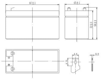 Аккумулятор 1,2&nbsp;&nbsp;А/ч., 12В (DTM 12012) 97х44х53 мм.