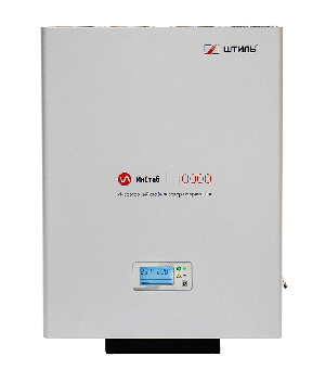 Стабилизатор переменного напряжения инверторный (с двойным преобразованием) однофазный, чистая синусоида; P-нагр.10 кВА/9 кВт, U-вх.165…310 В, U-вых.220…230 В (с шагом 1 В), I-вых.45 A; IP20, t-раб. +5…+40°C, 498х370х101 мм