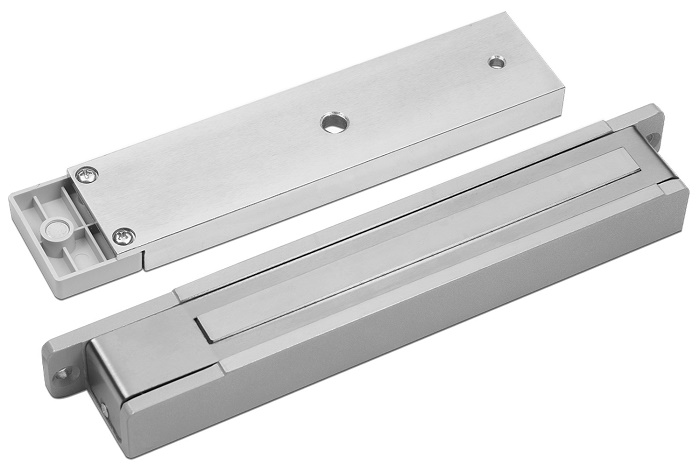 Замок электромагнитный, с датчиком Холла, герконом и индикацией, 300 кг удержания, 12 В/0,39 А, 230х38х25 мм, IP20, -20...+40, серый