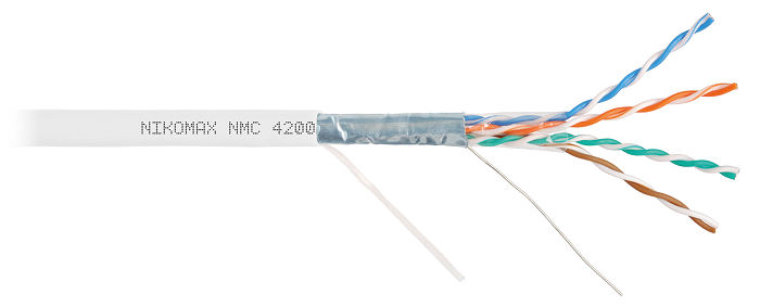 Кабель F/UTP 4 пары, Кат.5e (Класс D), тест по ISO/IEC, 100МГц, одножильный, BC (чистая медь), 24AWG (0,51мм), полимерный материал нг(А)-HF, внутренний, белый, 305м