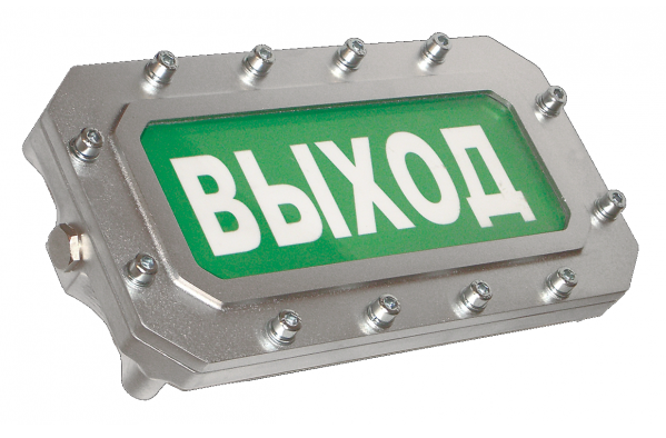 Оповещатель охранно-пожарный световой взрывозащищенный "Выход" (табло), Uпит. 12-30В, 260mA, Т.окр. среды -55…+70, 1ExdIIBT6, IP67,&nbsp;&nbsp;штуцер под бронекабель, 340x180x50mm, 5,5кг, корпус из алюминиевого сплава