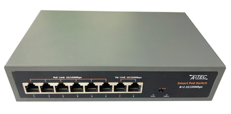Сетевой POE коммутатор на 6 портов RJ45+ 2 порта uplink 1000Мб, Стандарт POE: IEEE 802.3af/at адаптивный. Бюджет питания: 78ВТ. Грозозащита: до 4КВт. 200x118х44 мм. 100～240В AC，50/60Гц.