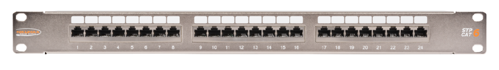 Коммутационная панель 19", 1U, 24 порта, Кат.6 (Класс E), 250МГц, RJ45/8P8C, 110/KRONE, T568A/B, полный экран, с органайзером, металлик