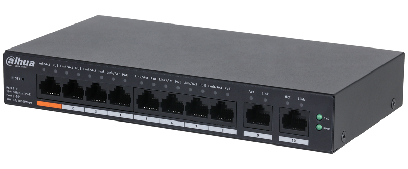 8-портовый PoE коммутатор с функцией облачного управления, Порты: 8 RJ45 10/100Мбит/с (PoE/PoE+/Hi-PoE), 2 RJ45 10/100/1000Мбит/с (uplink); мощность PoE: порт 1 до 60 Вт, порты 2~8 до 30Вт, суммарно до 60Вт; PoE watchdog, передача до 250м; питание: 57В(DC)