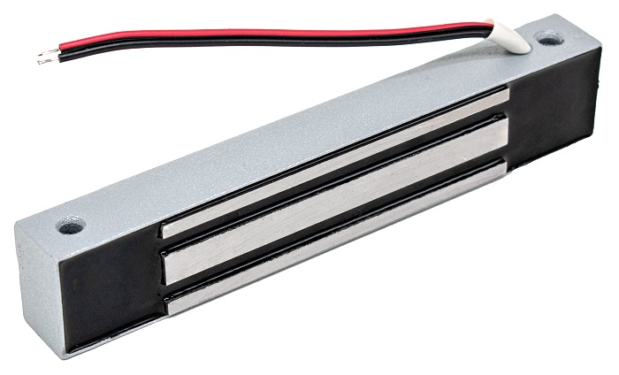 Электромагнитный влагозащищенный замок IP67, 12V DC, 0,4 A, усилие 100 кг, 180x33x23 мм. Масса 600 г, уголок в комплекте. -40°С…+40°С, Цвет серебряный металлик.