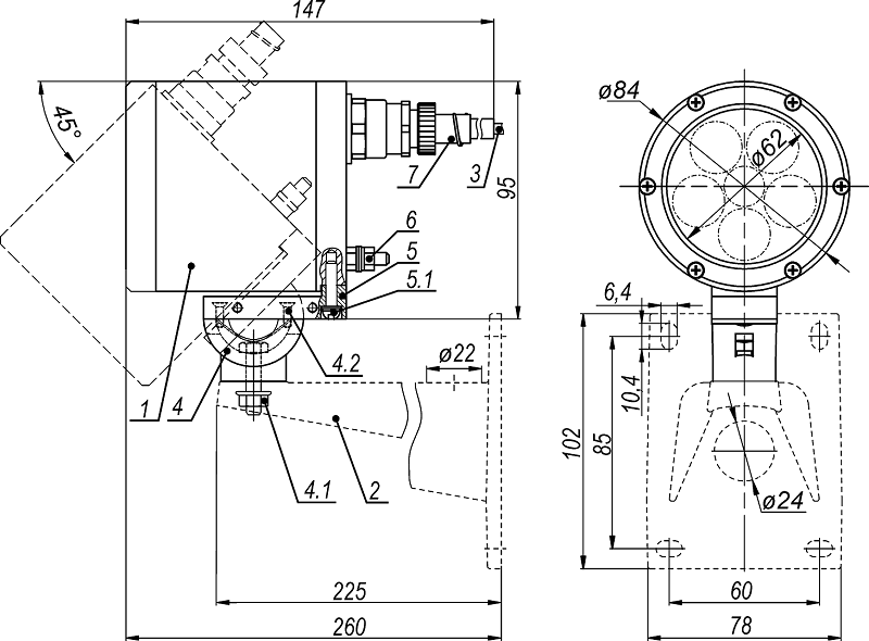 Прожектор белого света взрывозащищенный, до 35м. Угол освещения 45°. Диапазон рабочих температур -40° ÷ +50°С