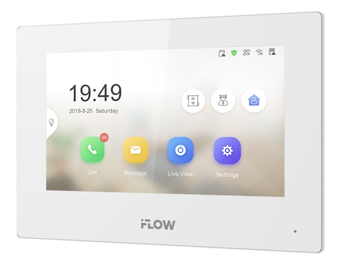 IP видеодомофон белый 7“, Сенсорный 7" TFT LCD экран с разрешением 1024*600; встроенные микрофон и динамик; тревожные входы 8; 10M/100M Ethernet; DC12В/PoE; 6Вт; -10 °C...+50°C; 200 × 140 × 23.6 мм