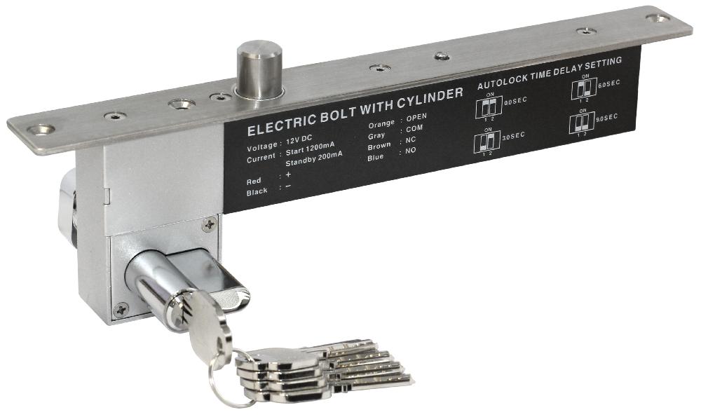Эл-мех. соленоидный замок для сплошных дверей с механическим цилиндром (ключ/поворотная кнопка), мониторинг, НЗ, питание 12VDC / 200мА (пик 1200мА), цельнометаллический ригель, сила удержания 2000кг&nbsp;&nbsp;&nbsp;&nbsp;