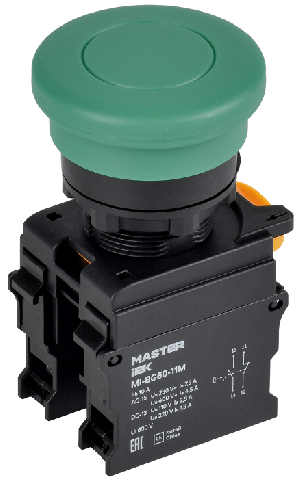 Кнопка "Грибок" с фиксац. d=22мм 1NO+1NC зелёная MASTER IEK