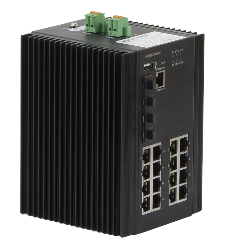 Управляемый промышленный L2+ коммутатор 16*10/100/1000Мбит/с PoE (af/at/BT) из которых 4 порта PoE BT, 4*1/2.5/10Гбит/с SFP+, Крепление на DIN-рейку, 2*ввода питания, питание 44-57В (блок питания 370Вт поставляется отдельно), -40С +80С.