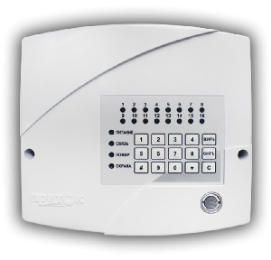 Прибор Работа с ретрансляторами Приток-А, Приток-А-Ф, Приток-А-Ю, 16 программируемых шлейфов (ОС, ПС, ТС), 16 разделов, встроенная клавиатура, считыватель ТМ, подключение внешней клавиатуры, 2 силовых выхода, 2 силовых выхода с контролем исправности линии