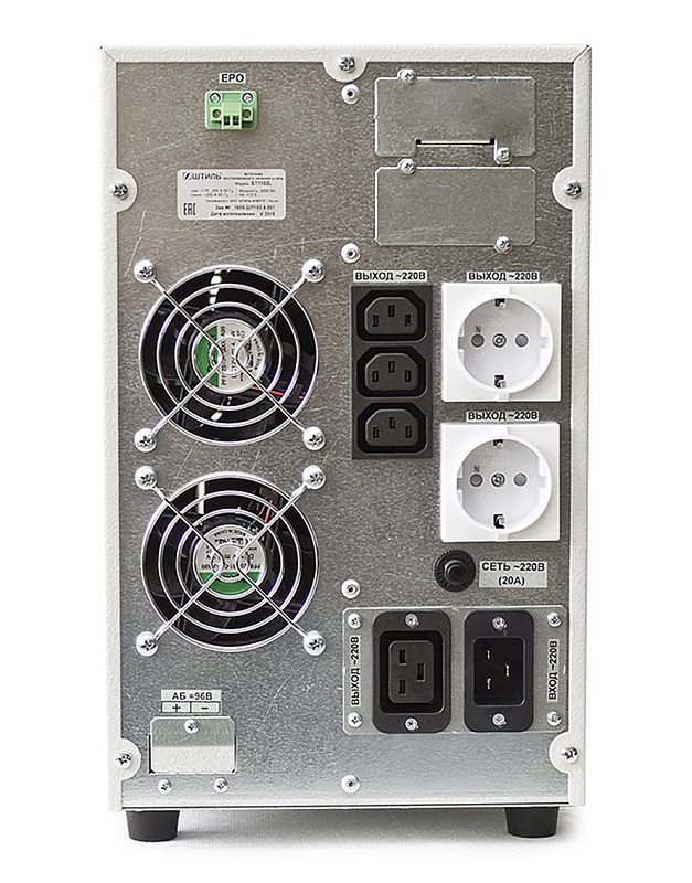 Источник бесперебойного питания напольный, on-line (с двойным преобразованием), чистая синусоида, 3000 ВA (2700 Вт); U-вх.220 В; встроенные аккумуляторы, 8х12В/9Ач, U-акб.96 В, I-заряд.1 А; ЖК-дисплей; выходные разъёмы - IEC-320-C13 (3 шт.), EURO F-type с заземлением (2 шт.), IEC-320-C19 (1 шт.); холодный старт, совместим с генератором; IP20, t-раб.+5...+40°C, 346х210х443 мм