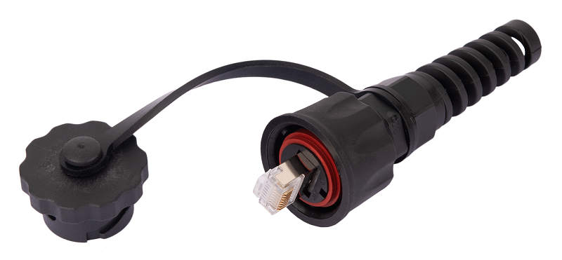 Индустриальный коннектор RJ45/8P8C, Кат.6a (Класс Ea), 500МГц, покрытие 50мкд, экранированный, IP67, для одножильной витой пары, с защитной крышкой, черный