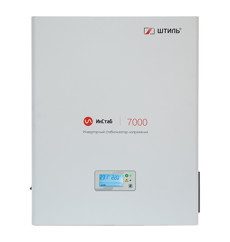 Стабилизатор переменного напряжения инверторный (с двойным преобразованием) однофазный, чистая синусоида; P-нагр.7 кВА/5 кВт, U-вх.90…310 В, U-вых.220…230 В (с шагом 1В), I-вых.32 А; IP20, t-раб.+5…+40°C, 366х353х104мм