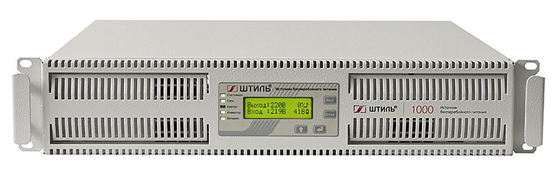Источник бесперебойного питания в стойку, on-line (с двойным преобразованием), чистая синусоида, 1000 ВA (900 Вт); U-вх.220 В; под внешние аккумуляторы, U-акб.36 В, I-заряд.5 А; ЖК-дисплей; выходные разъёмы - IEC-320-C13 (3 шт.), EURO F-type с заземлением (1 шт.); холодный старт, совместим с генератором; высота 2U; IP20, t-раб.+5...+40°C, 88х466х411 мм