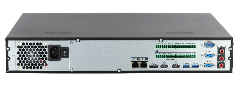 32-канальный IP-видеорегистратор 4K, H.265+ и ИИ, Входящий поток до 448Мбит/с; H.265+, H.265, H.264+, H.264, MJPEG; разрешение записи до 32Мп; накопители: 4 SATA III до 20Тбайт; воспроизведение: 32кн@1080p, 2кн@32Мп; видеовыходы: 2 HDMI (8K), 2 VGA; cеть: 1 RJ45 1000Мбит/с; aудиовх/вых: 1/1; тревожные вх./вых.: 4/2; питание: 12В(DC); видеоаналитика: 4кн AcuPick, 4кн детектор лиц и распознавание лиц (12лиц/с), 4кн видео метаданные, 8кн охрана периметра, IVS, 16кн SMD Plus; видеоаналитика с камер: AcuPick, детектор лиц и распознавание лиц, видео метаданные, распознавание номеров ТС, тепловая карта, подсчет людей, интеллектуальный поиск, POS, поддержка тепловизионных (TPC) и мультиматричных камер