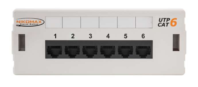 Коммутационная панель настенная, 6 портов, Кат.6 (Класс E), 250МГц, RJ45/8P8C, 110, T568A/B, неэкранированная, светло-серая