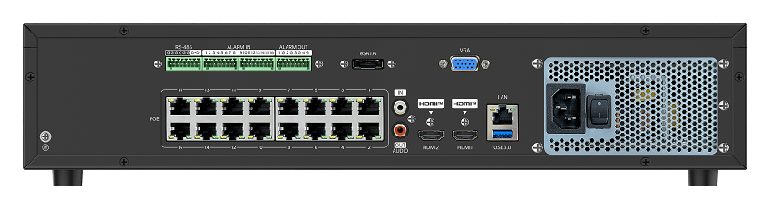 IP видеорегистратор 64 канала/16PoE, Н.265(+)/264(+) (аудио G.711/AAC), разрешение до 12Mп(4000x3000), вх./исх.поток -640Мб/512Мб, ONVIF S/T, Р2Р Bitvision,&nbsp;&nbsp;поддержка Web/Android/iOS, VMS Win/MacOS, аудио RCA вход/выход, интерком, трев.вход/выход – 16/4, 2*USB 2.0/1*USB 3.0, SATA 8*10Тб, 1*eSATA, RJ45 100/1000M, бюджет 200Вт, до 200м, RS485, 