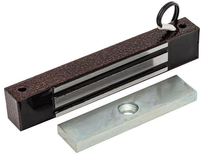 Замок электромагнитный 12V DC, не более 0,4 A, усилие 100 кг, 180x33x23. Вес 0.6 кг. (в комплекте уголок), Влагозащита IP67. Цвет коричневый