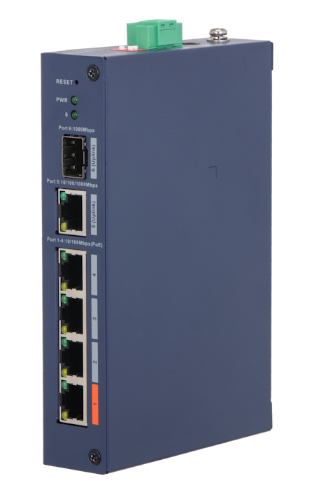 4-портовый PoE коммутатор с функцией облачного управления, Порты: 4 RJ45 10/100Мбит/с (PoE/PoE+/Hi-PoE), 1 RJ45 10/100/1000Мбит/с (uplink), 1 SFP 1000Мбит/с (uplink); мощность PoE: порт 1 до 60Вт, порты 2~4 до 30Вт, суммарно до 60Вт; PoE watchdog, передача до 250м; питание: 48~57В(DC); грозозащита: до 6кВ; рабочая температура: -30°С~+65°С;&nbsp;&nbsp;IP30, IK06; монтаж на DIN-рейку