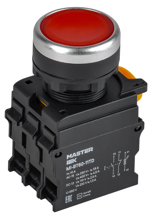 Кнопка с подсвет. и фикс. d=22мм 1NO+1NC красная MASTER IEK