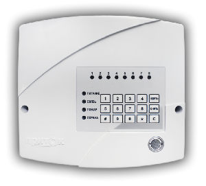 ППКОП, работа с ретрансляторами Приток-А, Приток-А-Ф, Приток-А-Ю, 8 программируемых шлейфов (ОС,  ПС, ТС), 8 разделов, встроенная клавиатура, считыватель ТМ, подключение внешней клавиатуры, 2 силовых выхода, 2 силовых выхода с контролем исправности линии, без АКБ