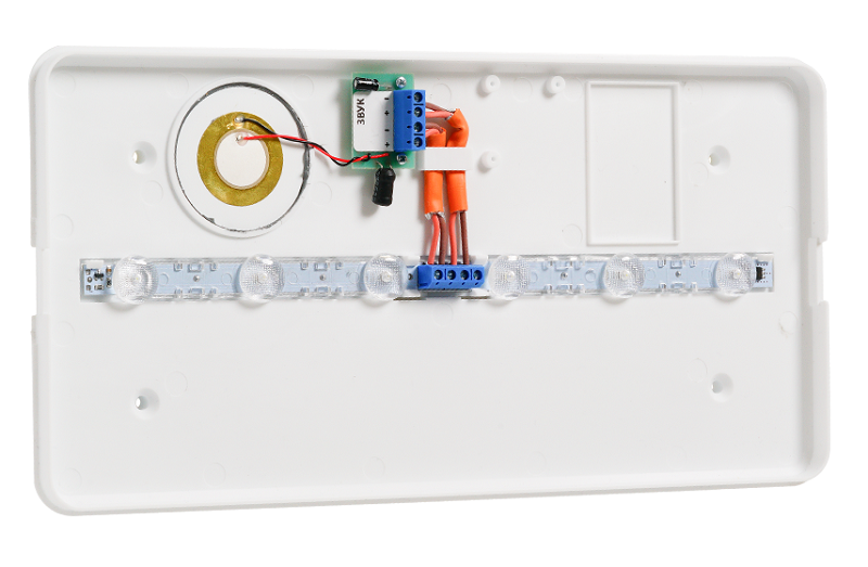 Световой указатель «Выход» со встроенной звуковой сиреной, 12В, IP52, звук 30мА, свет 30мА, звук 100дБ -30..+55°С, 300х150х34мм, 0.3кг