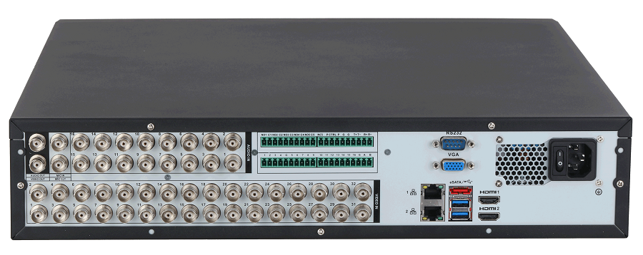 32-канальный HDCVI-видеорегистратор с FR, HDCVI, AHD, TVI, IP, CVBS; отображение: до 5Мп; запись: до 5M-N@10к/с, 1080P@15к/с, 1080N@25к/с; кодирование: AI-Coding, H.265+, H.265, H.264+, H.264;&nbsp;&nbsp;IP-каналы: до 32 каналов до 8Мп; накопители: 8 SATA III до 10Тбайт; видеоаналитика: 2кн распознавание лиц, 2кн охрана периметра, 16кн интеллектуальный детектор движения SMD Plus,&nbsp;&nbsp;интеллектуальный поиск, контроль кассовых операций&nbsp;&nbsp;видеовыходы: 2 HDMI, 1 VGA, 1TV; сеть: 1 RJ45 1000Мбит/с; аудиовх/вых: 16/1; Трев: 16/6; питание: 100-240В 50Hz