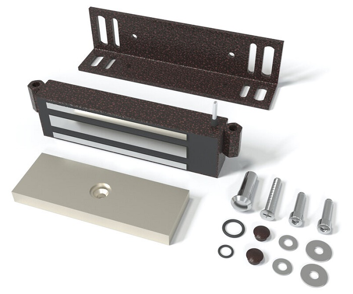 Замок электромагнитный для стальных дверей со стальной рамой, 9-15VDC, 7,2 Вт, усилие удержания 250кг, встроенный модуль перемагничивания, монтажный комплект, угольник 40х50х4мм. Корпус из стали. Цвета: медный антик