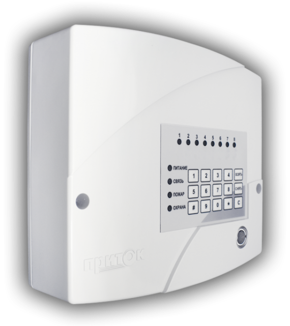 ППКОП, работа с ретрансляторами Приток-А, Приток-А-Ф, Приток-А-Ю, 8 программируемых шлейфов (ОС, ПС, ТС), 8 разделов, встроенная клавиатура, считыватель ТМ, подключение внешней клавиатуры, 2 силовых выхода, 2 силовых выхода с контролем исправности линии, аккумулятор 2,2 А*ч.