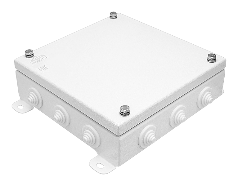 Коробка монтажная огнестойкая IP55, 12 вводов,&nbsp;&nbsp;фарфоровый клеммник 32 контакта, до - 3 мм кв., 200х200х60 мм, Сталь оцинкованная 1,2 мм с полимерным покрытием (белый)