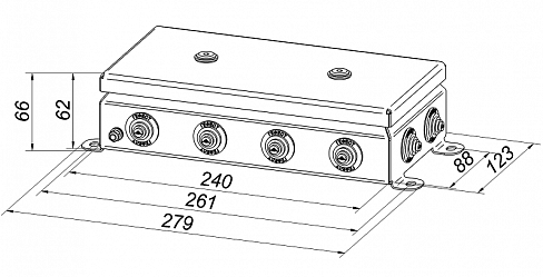 Коробка монтажная огнестойкая IP55, 12 вводов,  фарфоровый клеммник 16контакта, до - 3 мм кв., 123х240х60 мм, Сталь оцинкованная 1,2 мм с полимерным покрытием (белый)