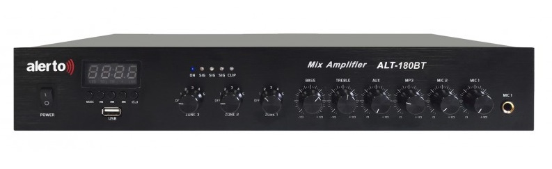 ALT-180BT/FAM - Настольный трансляционный микшер- усилитель. Три зоны трансляции (регулировка громкости в каждой зоне) Выходная мощность180Вт. Входы: 1 микрофонных, 1 линейный. Выходное напряжение: 100В. Возможность работы на нагрузку сопротивлением  4-16 Ом.  Настольный трансляционный микшер- усилитель. Три зоны трансляции (регулировка громкости в каждой зоне) Выходная мощность180Вт. Входы: 1 микрофонных, 1 линейный. Выходное напряжение: 100В. Возможность работы на нагрузку сопротивлением  4-16 Ом.