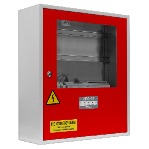Шкаф для установки приборов системы "Орион" на DIN рейки. Содержит источник питания 24В - 3 А. Два изолированных интерфейса RS-485. Место для установки  двух батарей 12В-40Ач. Прозрачное окно на двери. Защита оболочки IP41, с красным цветом двери