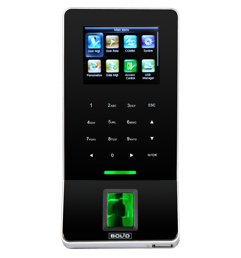 Считыватель с контроллером по  отпечаткам пальцев, имеет встроенный считыватель проксимити карт EM-Marin и клавиатуру для ввода пароля.