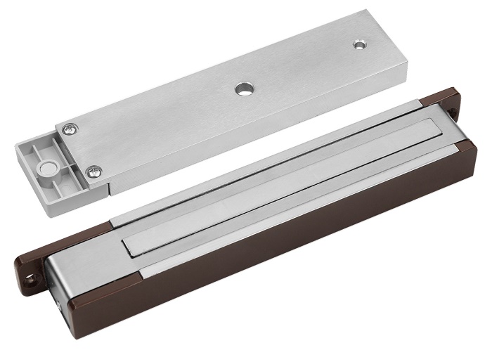 Замок электромагнитный, с датчиком Холла, герконом и индикацией, 300 кг удержания, 24 В/0,20 А, 230х38х25 мм, IP20, -20...+40, белый