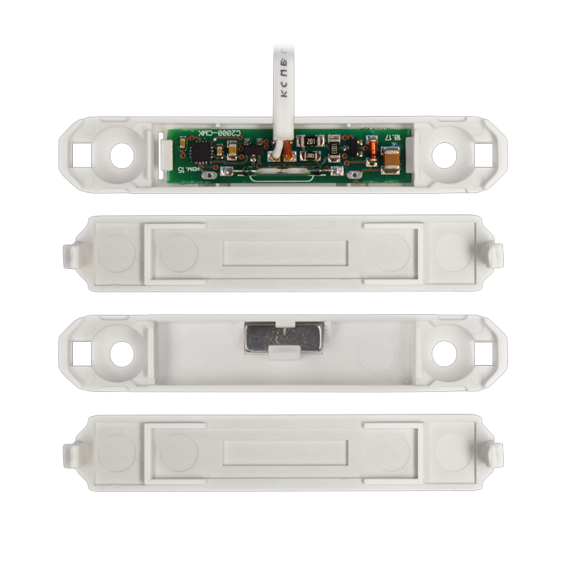 Адресный магнитоконтактный охранный извещатель. Вожможность установки на металлические конструкции. Длина подсоединительных проводов - 0,2 м. 71х13х9 мм,