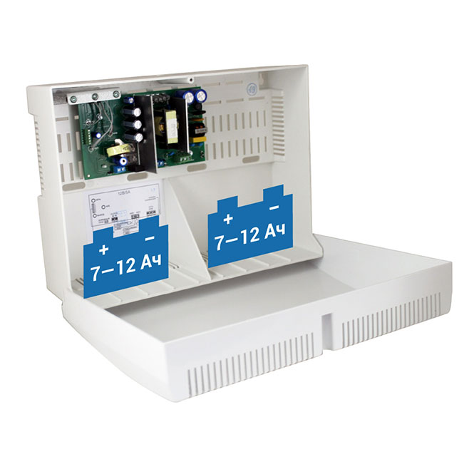 Блок беспереб. питания 12В, 5А, Работа с 2-мя независимыми АКБ, 2 канала зарядки. Корпус под 2 АКБ 12 Ач.