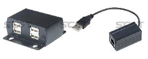 Удлинитель USB 2.0 по кабелю витой пары до 60м (CAT5/5e/6) со встроенным расширением на 4 порта (USB-HUB). Максимальная скорость передачи 480Мбит/с (High-Speed). Рекомендуется использовать для передачи на растояние более 20м.