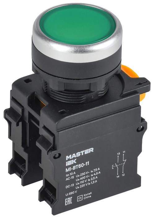 Кнопка d=22мм 1NO+1NC зелёная MASTER IEK