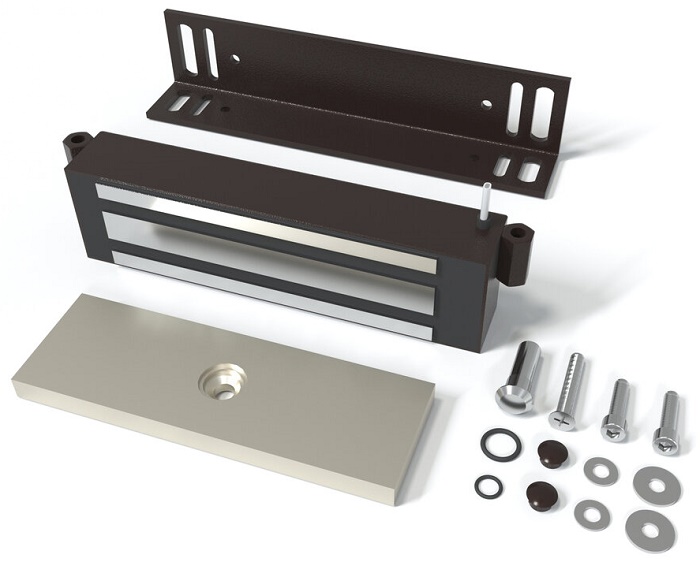 Замок электромагнитный для стальных дверей со стальной рамой, 9-15VDC, 7,2 Вт, усилие удержания 400кг, встроенный модуль перемагничивания, монтажный комплект, угольник 40х50х4мм. Корпус из стали. Цвета: коричневый шоколад