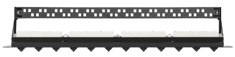 Коммутационная панель 19", 1U, 24 угловых порта, Кат.6 (Класс E), 250МГц, RJ45/8P8C, 110/KRONE, T568A/B, неэкранированная, с органайзером, черная